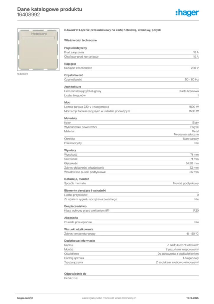 Zdjęcie Hager Karta katalogowa 16408992 | Hager Polska