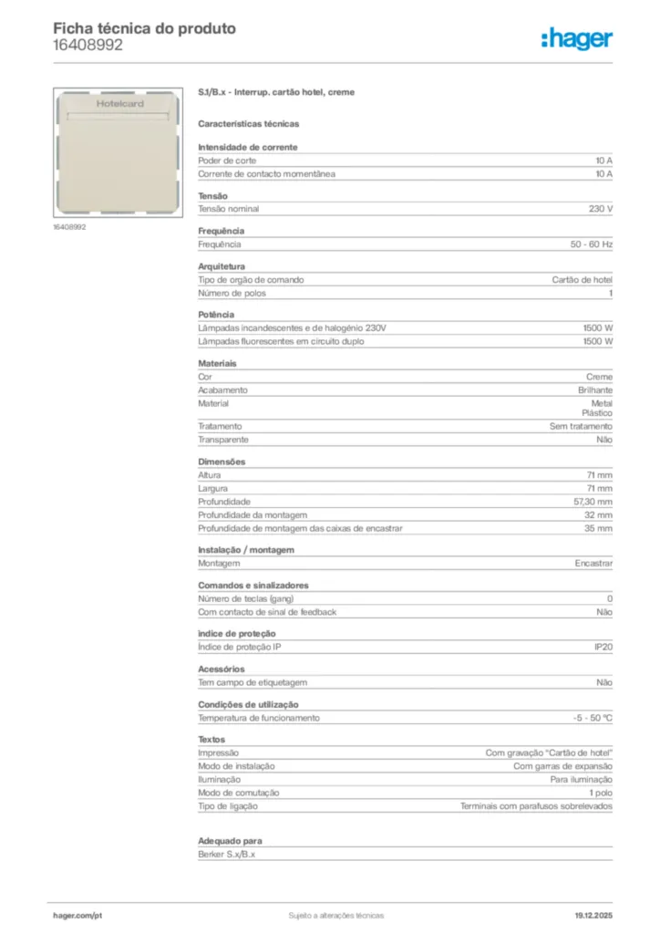 Imagem Hager Ficha técnica do produto 16408992 | Hager Portugal