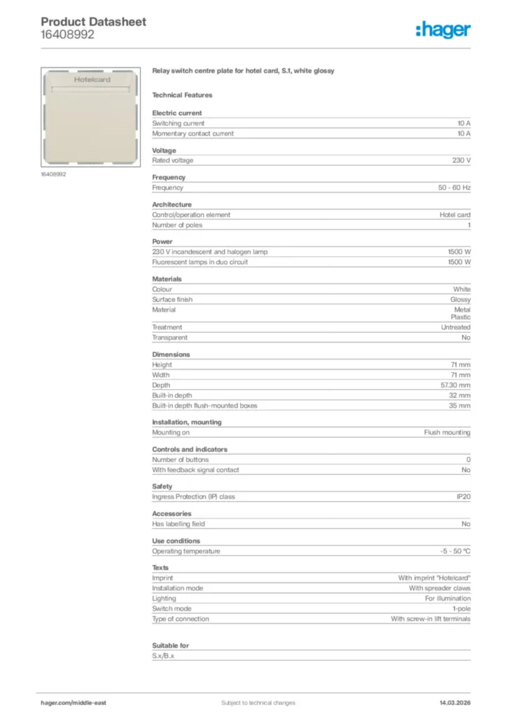 Image Hager Product data sheet 16408992  | Hager
