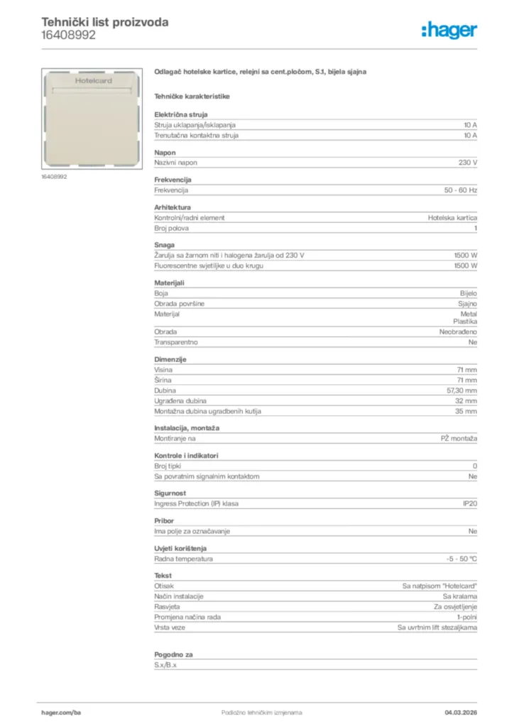 Slika Hager Tehnički list proizvoda 16408992  | Hager