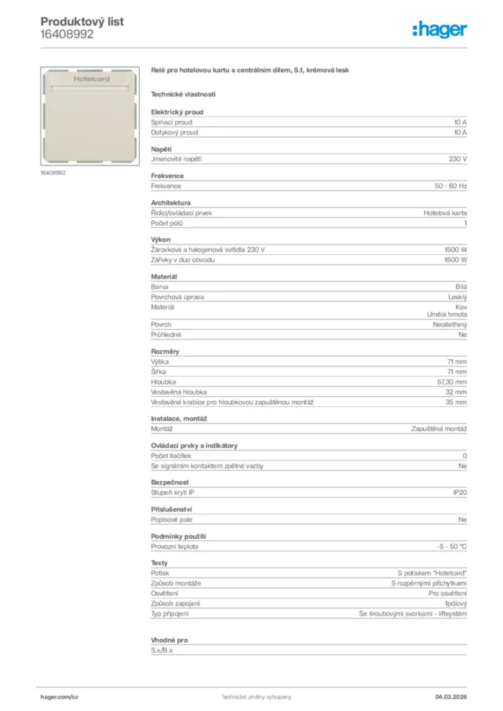Obrázek Hager Product data sheet 16408992 | Hager