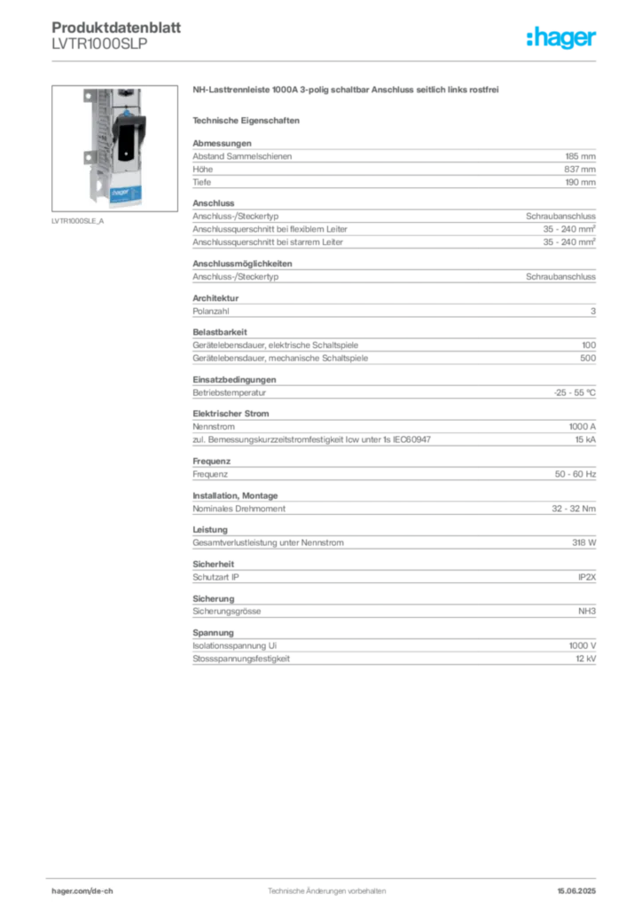 Bild Hager Produktdatenblatt LVTR1000SLP | Hager Schweiz