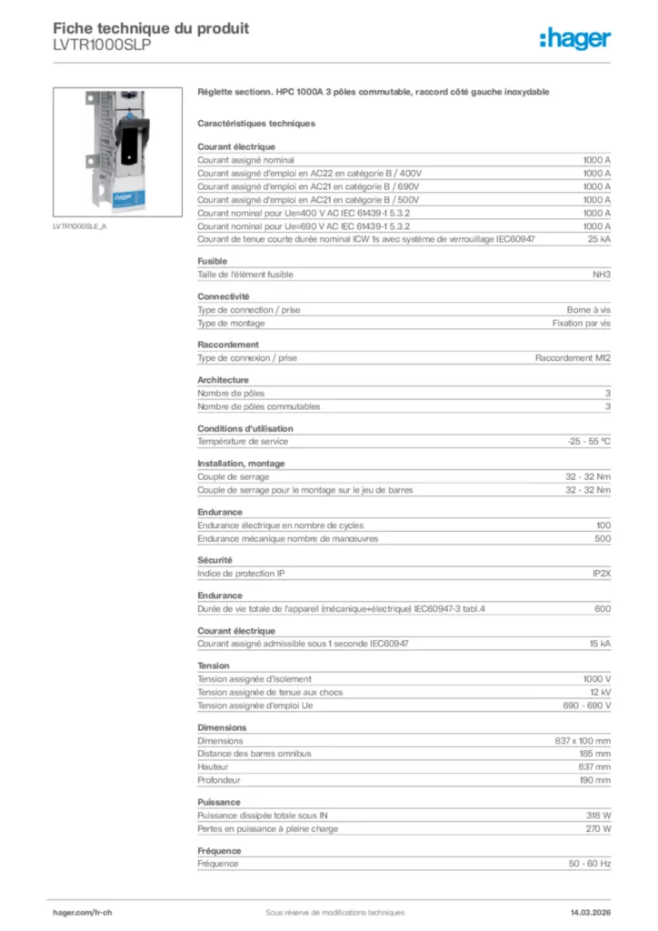 Image Hager Fiche technique du produit LVTR1000SLP | Hager Suisse
