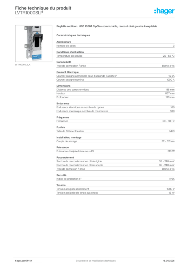 Image Hager Fiche technique du produit LVTR1000SLP | Hager Suisse