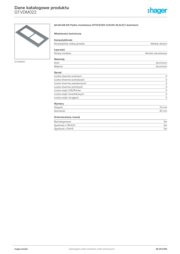 Zdjęcie Hager Karta katalogowa GTVDM022 | Hager Polska