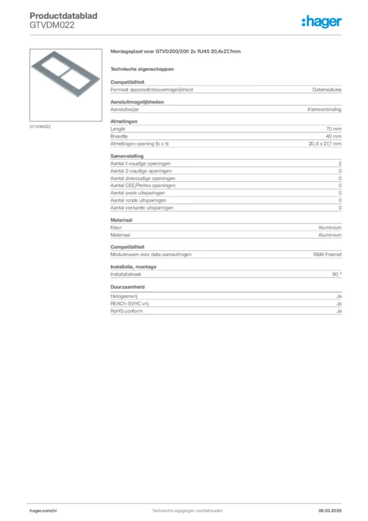 Afbeelding Hager Productdatablad GTVDM022 | Hager Nederland