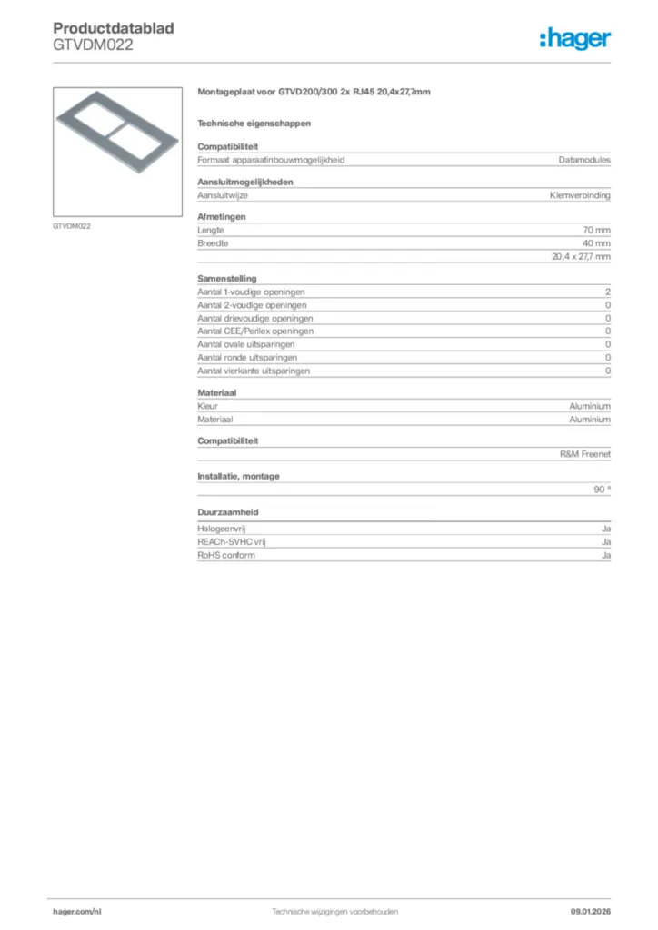Afbeelding Hager Productdatablad GTVDM022 | Hager Nederland