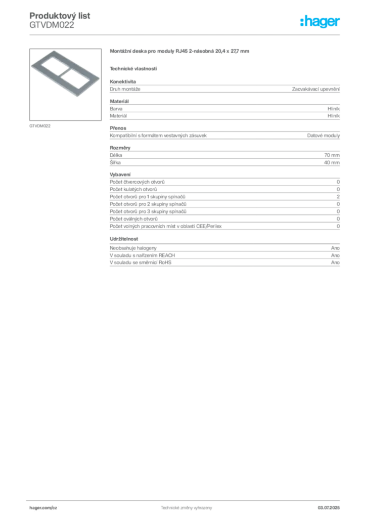 Obrázek Hager Produktový list GTVDM022 | Hager