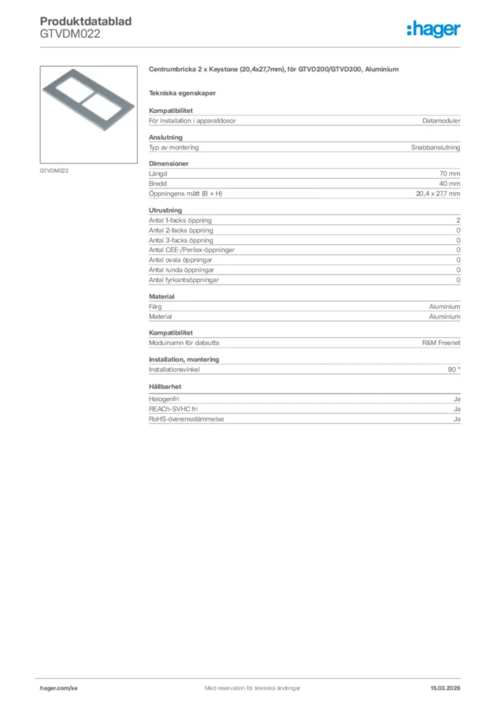 Bild Hager Produktdatablad GTVDM022 | Hager Sverige