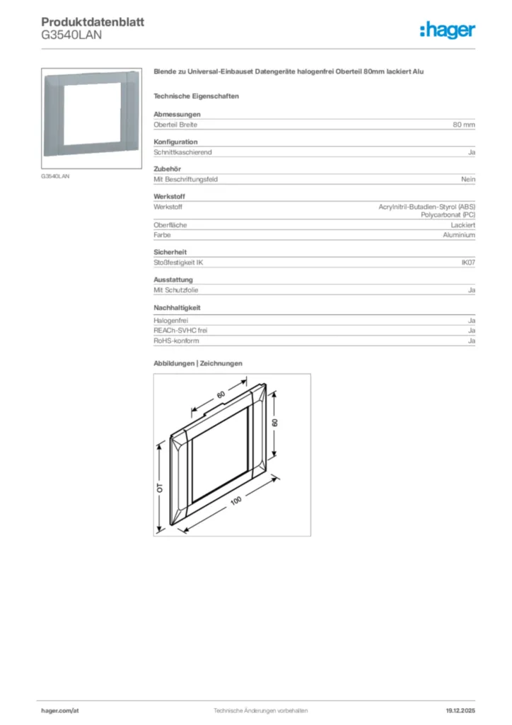 Bild Hager Produktdatenblatt G3540LAN | Hager Deutschland