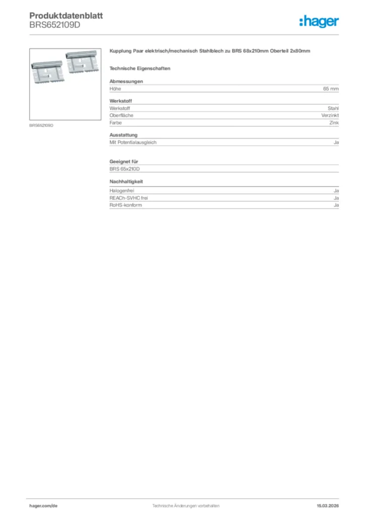 Bild Hager Produktdatenblatt BRS652109D | Hager Deutschland