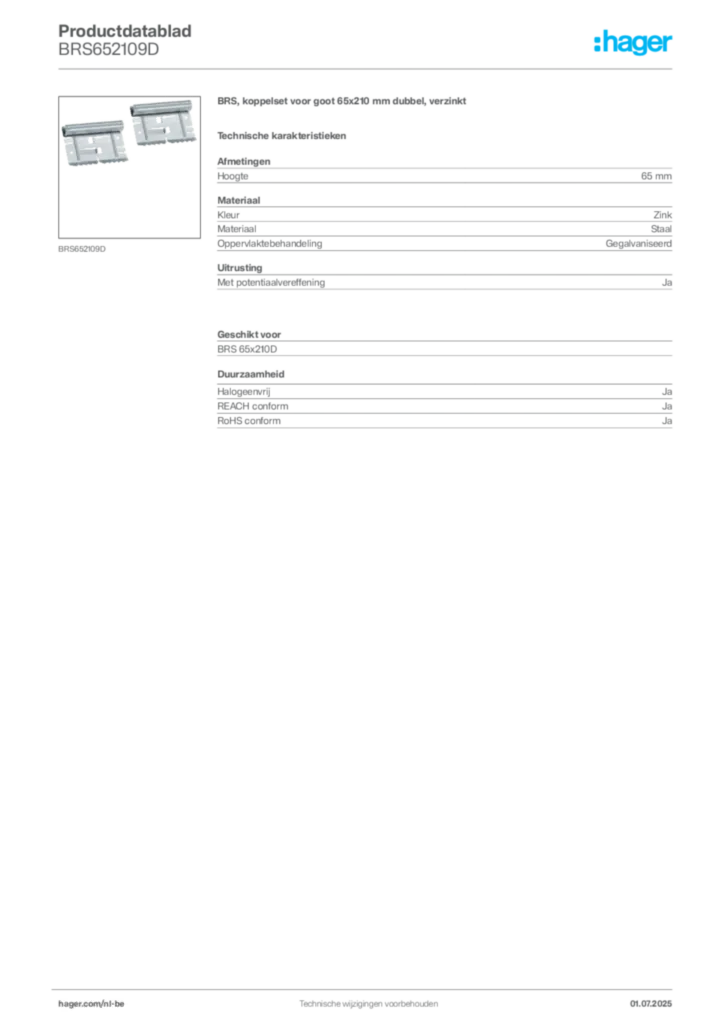 Afbeelding Hager Productdatablad BRS652109D | Hager Belgium