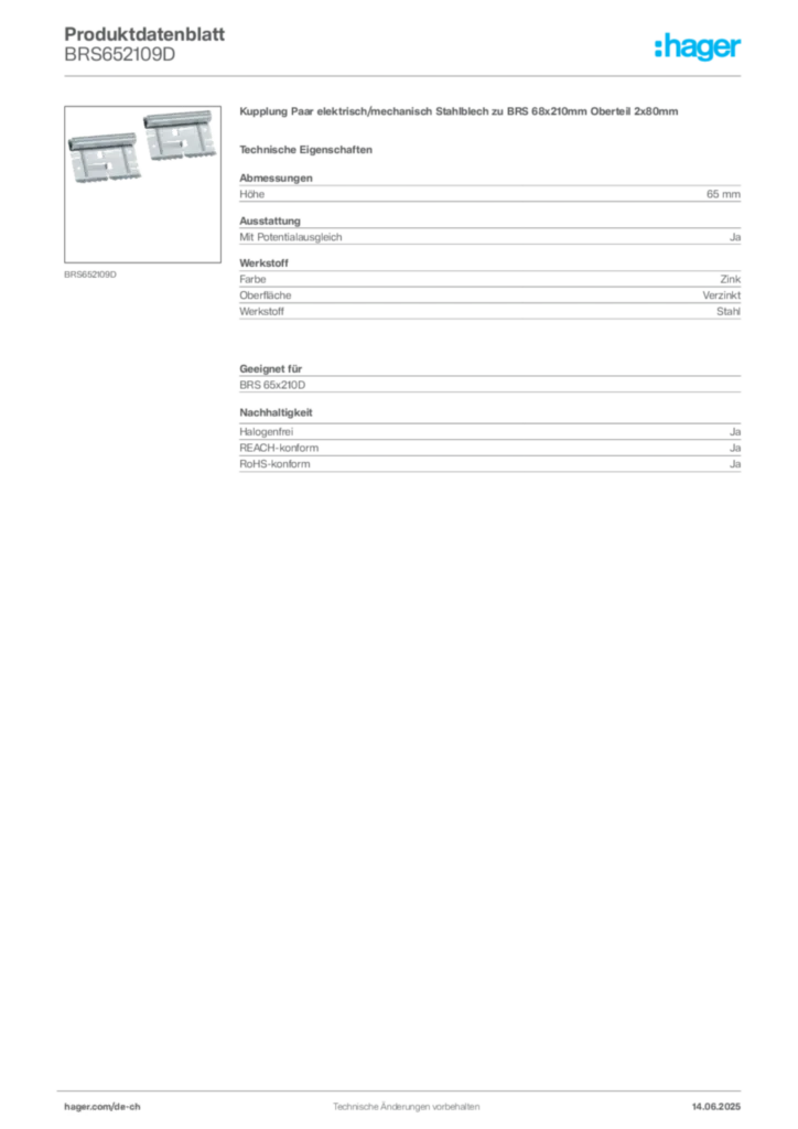 Bild Hager Produktdatenblatt BRS652109D | Hager Schweiz