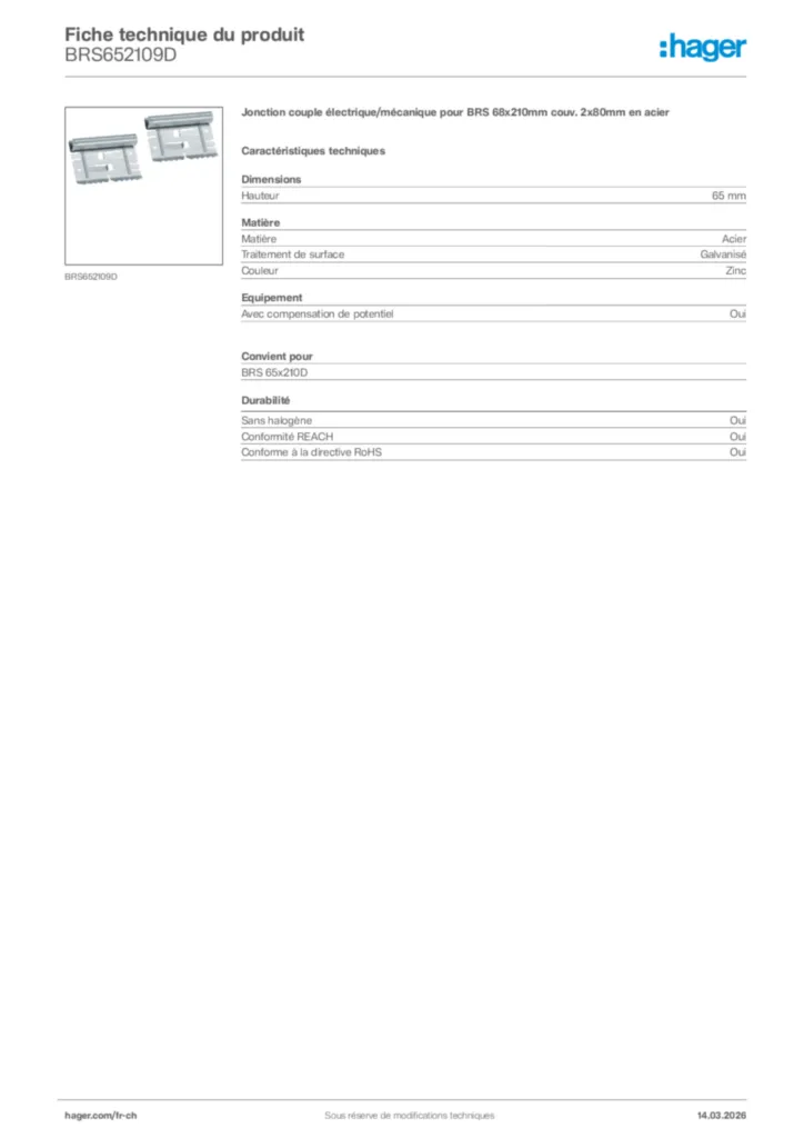 Image Hager Fiche technique du produit BRS652109D | Hager Suisse