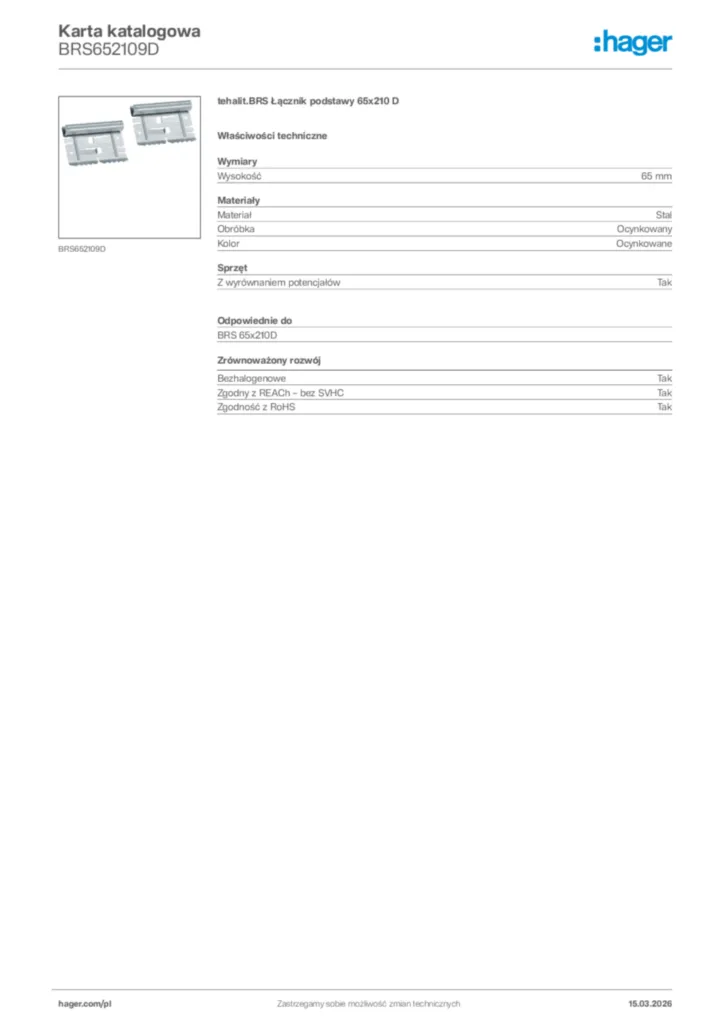 Zdjęcie Hager Karta katalogowa BRS652109D | Hager Polska