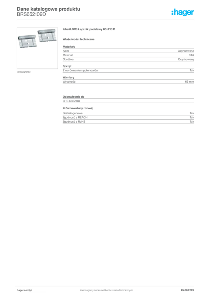 Zdjęcie Hager Karta katalogowa BRS652109D | Hager Polska