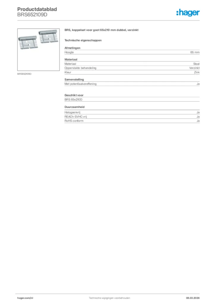 Afbeelding Hager Productdatablad BRS652109D | Hager Nederland