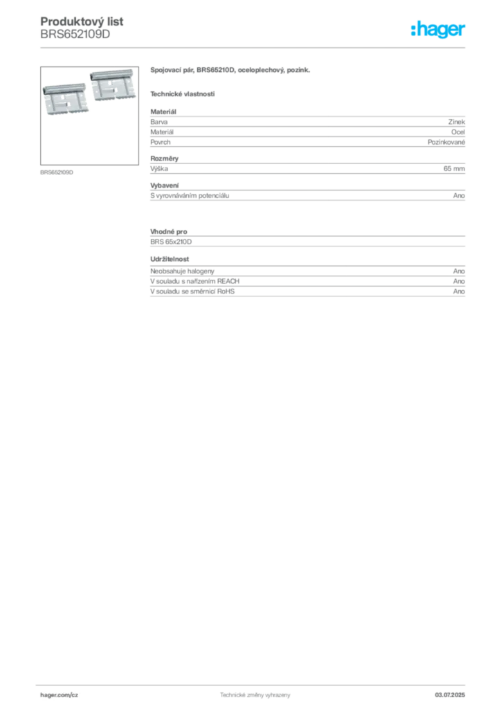 Obrázek Hager Produktový list BRS652109D | Hager