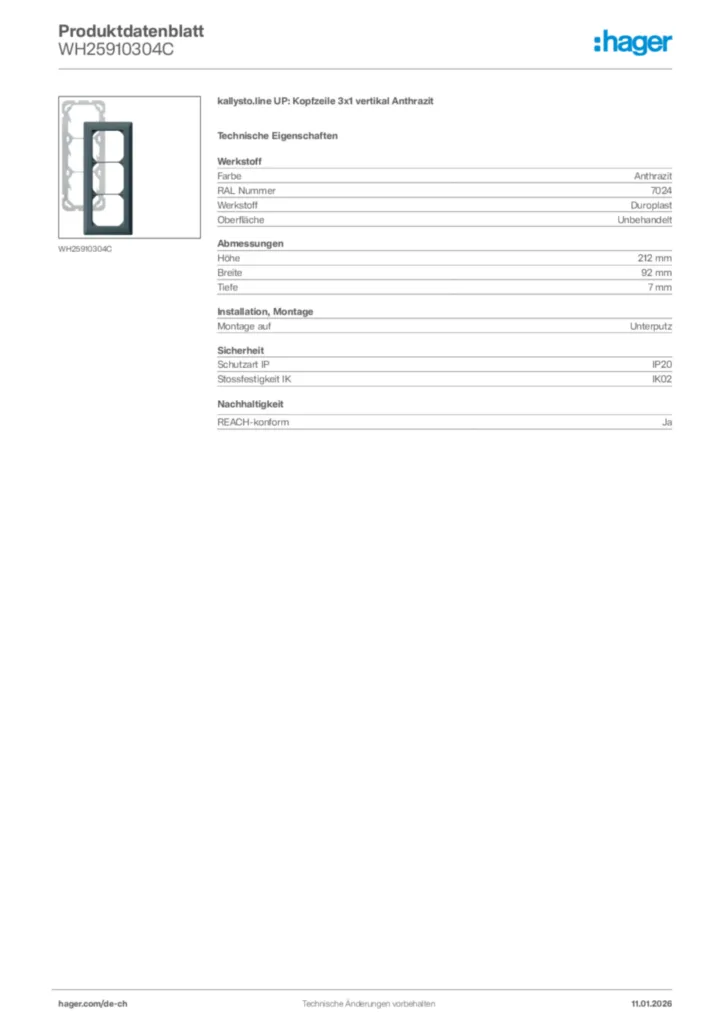 Bild Hager Produktdatenblatt WH25910304C | Hager Schweiz