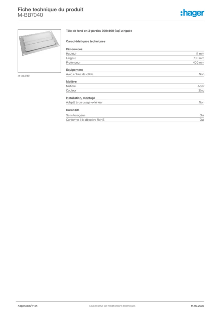Image Hager Fiche technique du produit M-BB7040 | Hager Suisse