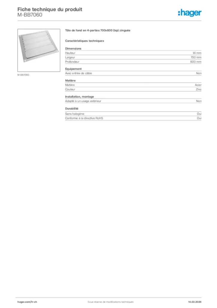 Image Hager Fiche technique du produit M-BB7060 | Hager Suisse