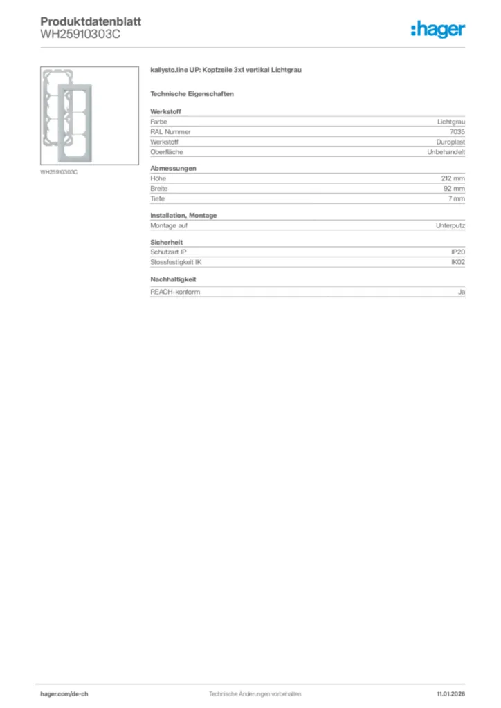 Bild Hager Produktdatenblatt WH25910303C | Hager Schweiz