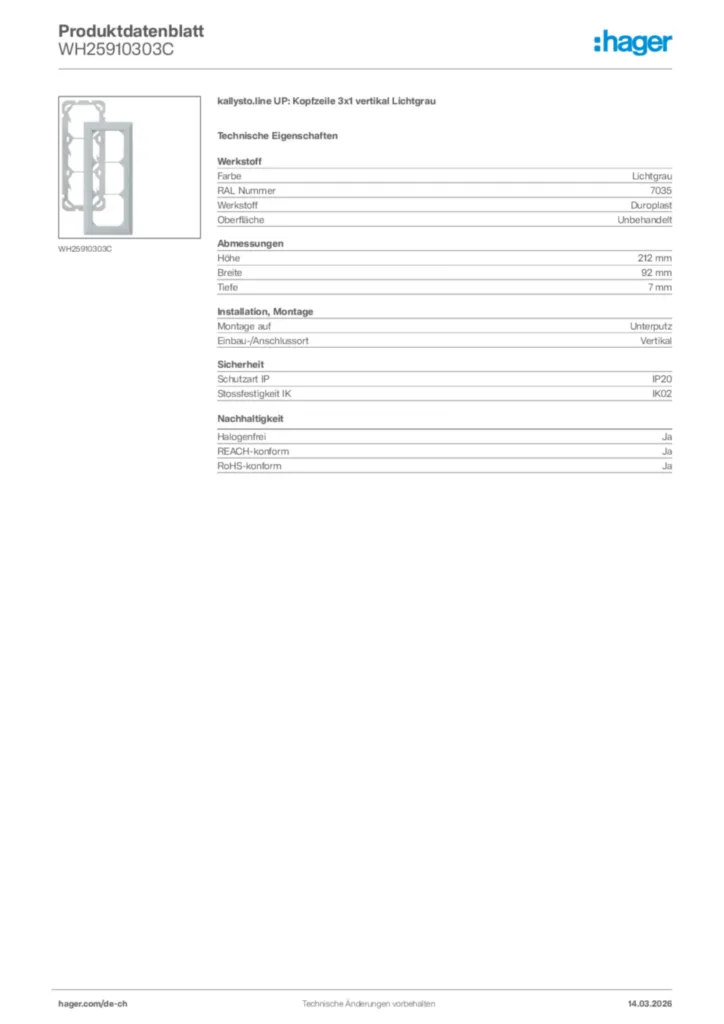 Bild Hager Produktdatenblatt WH25910303C | Hager Schweiz