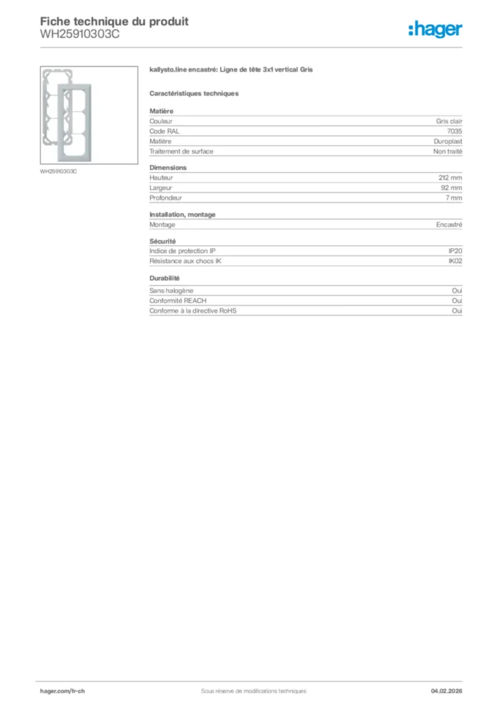 Image Hager Fiche technique du produit WH25910303C | Hager Suisse