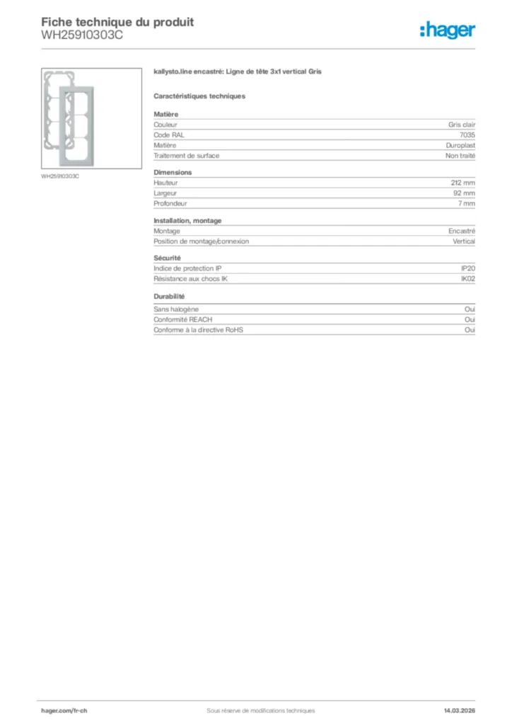 Image Hager Fiche technique du produit WH25910303C | Hager Suisse