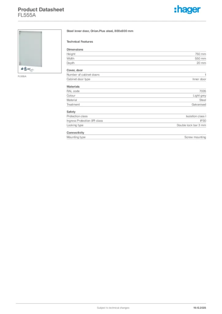 Image Hager Product data sheet FL555A  | Hager Africa