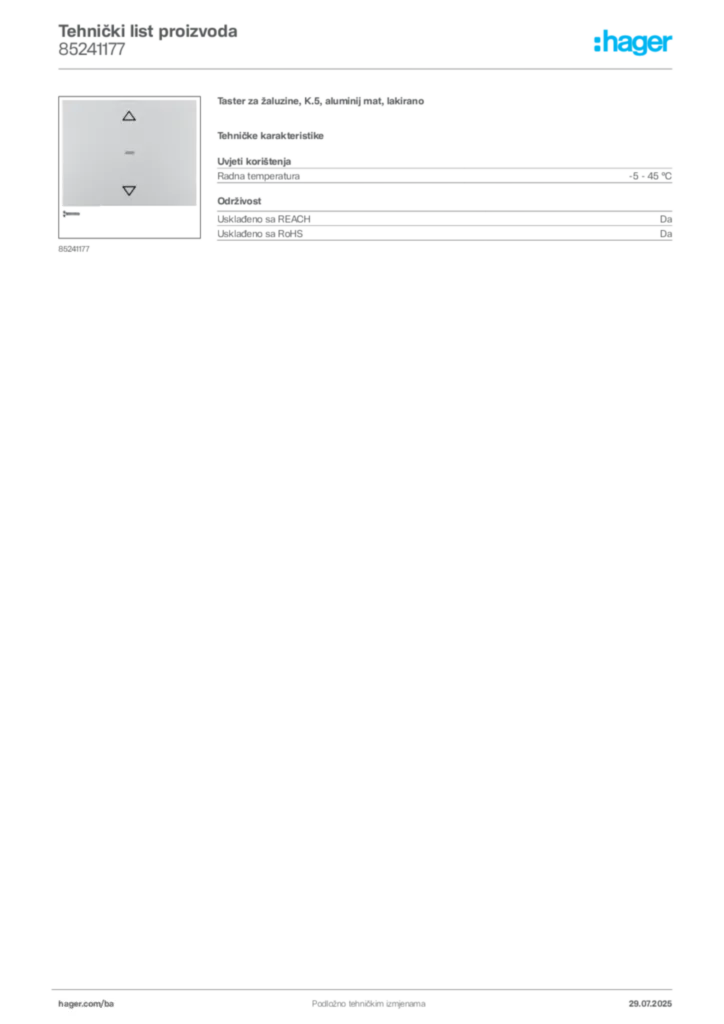 Slika Hager Product data sheet 85241177  | Hager