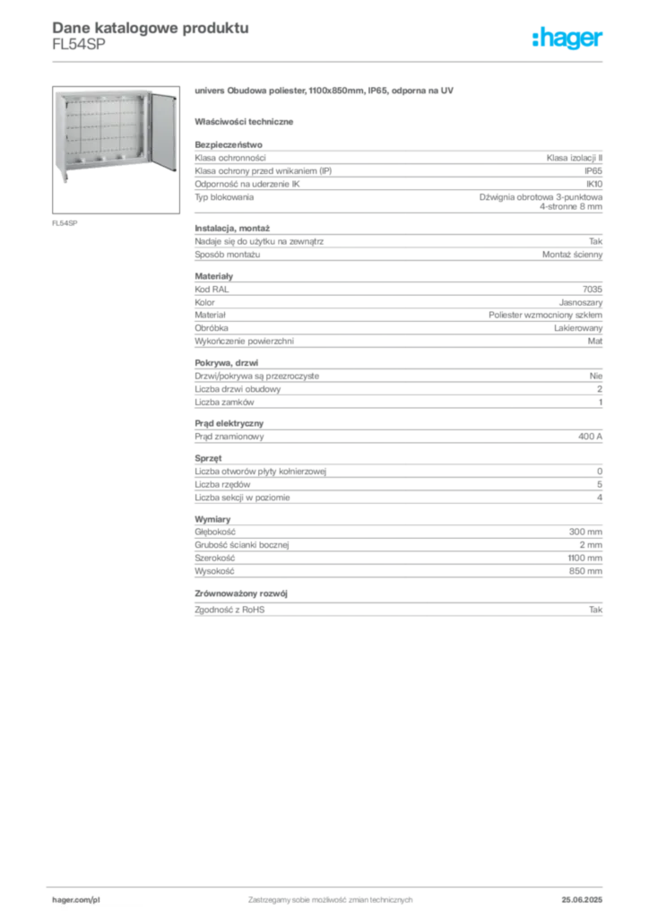 Zdjęcie Hager Karta katalogowa FL54SP | Hager Polska