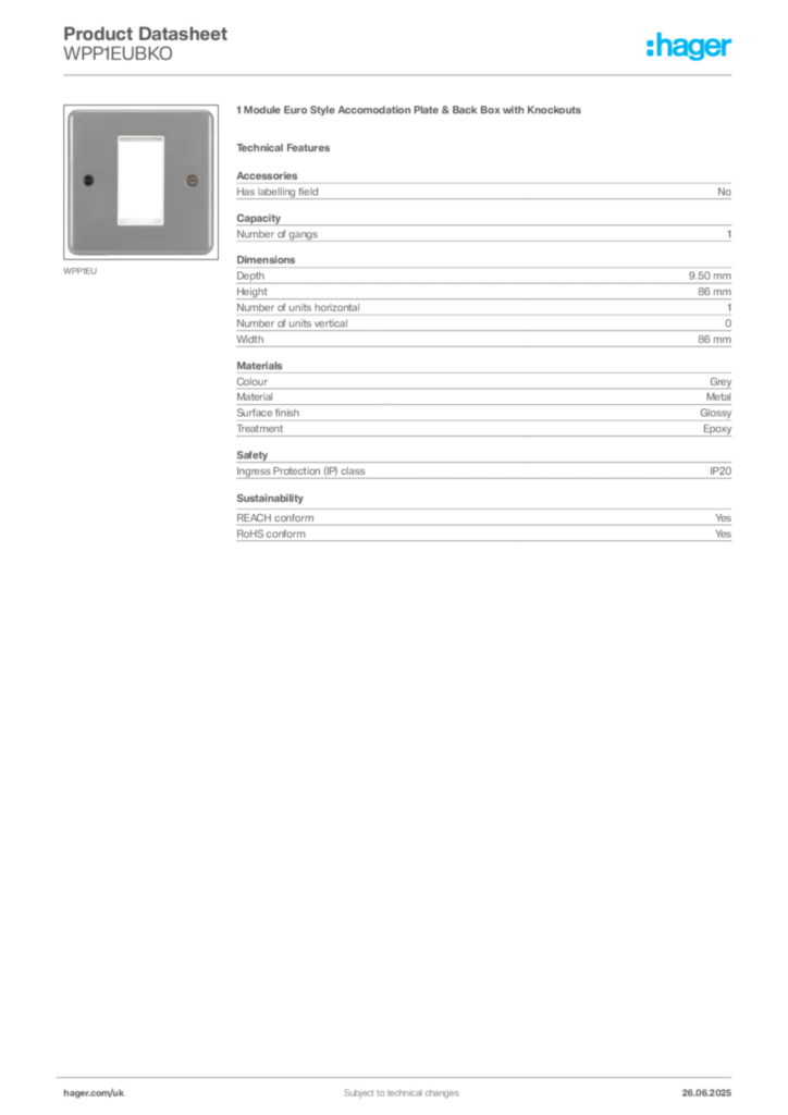Image Hager Product data sheet WPP1EUBKO  | Hager