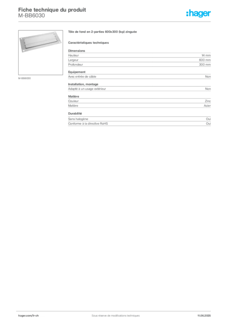 Image Hager Fiche technique du produit M-BB6030 | Hager Suisse
