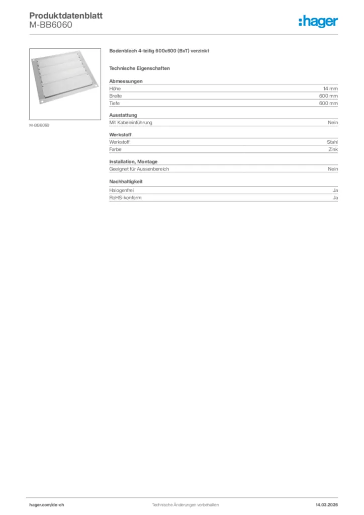 Bild Hager Produktdatenblatt M-BB6060 | Hager Schweiz