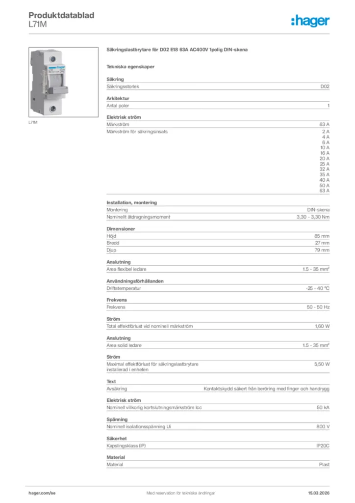 Bild Hager Produktdatablad L71M | Hager Sverige