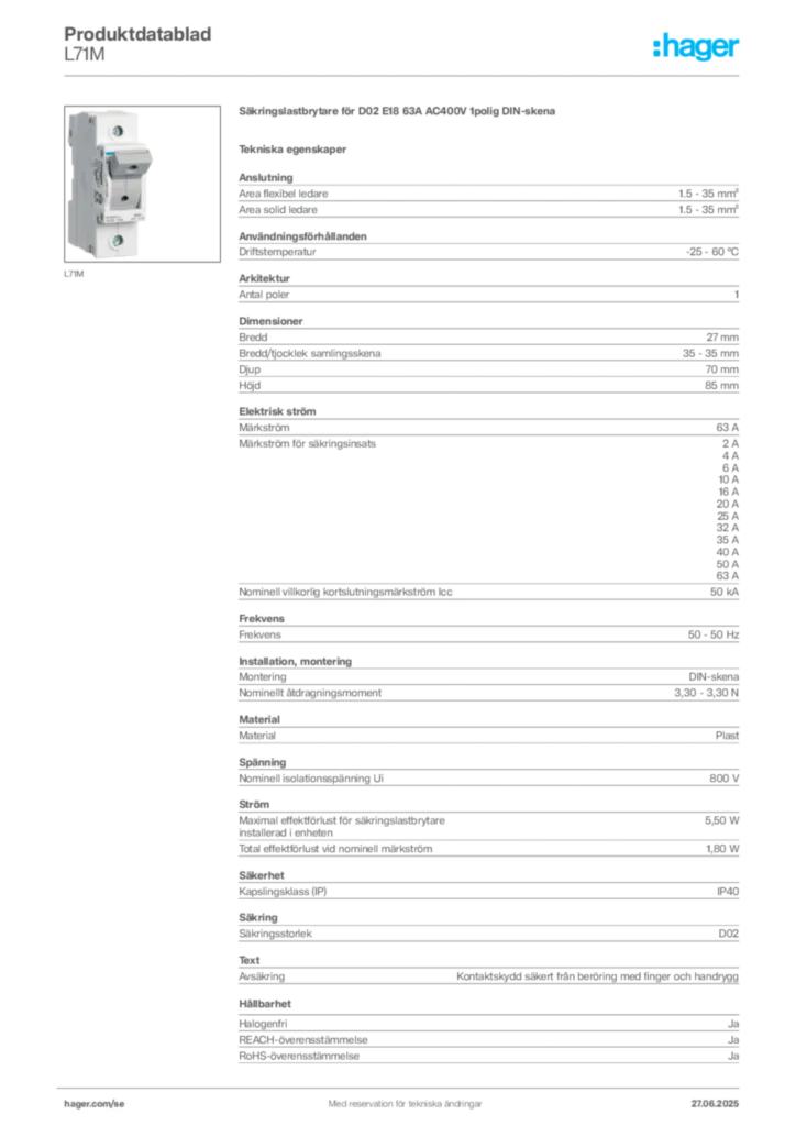 Bild Hager Produktdatablad L71M | Hager Sverige