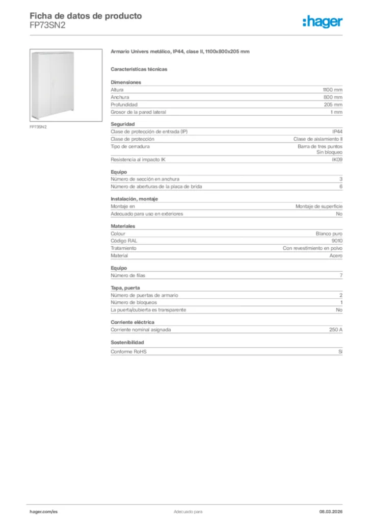 Imagen Hager Ficha de datos de producto FP73SN2 | Hager España