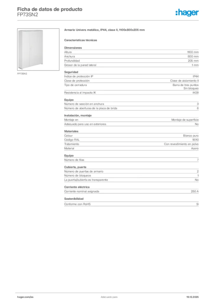 Imagen Hager Ficha de datos de producto FP73SN2 | Hager España