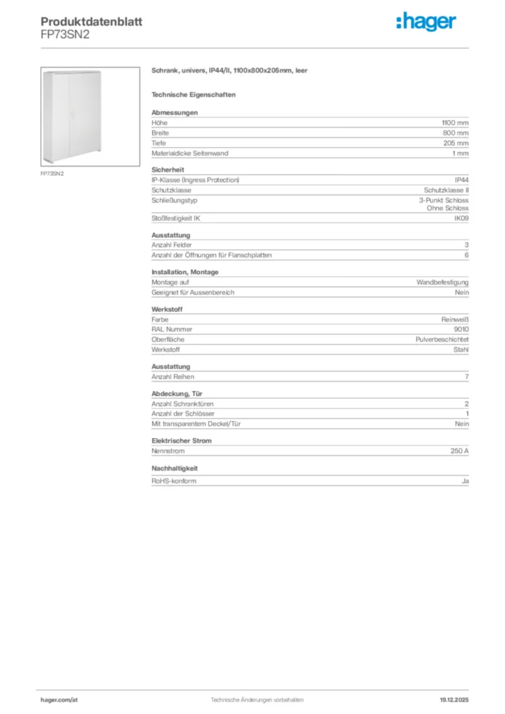 Bild Hager Produktdatenblatt FP73SN2 | Hager Deutschland