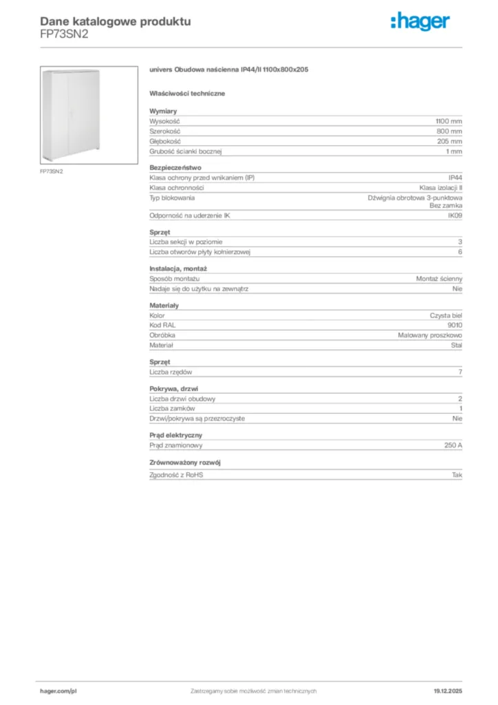 Zdjęcie Hager Karta katalogowa FP73SN2 | Hager Polska