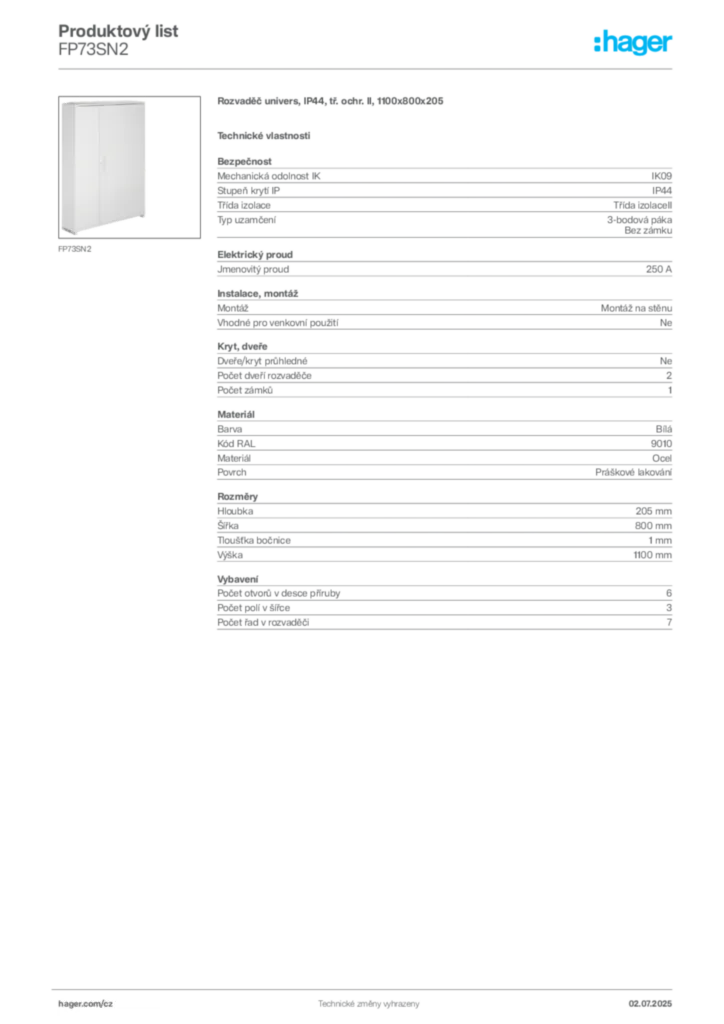Obrázek Hager Produktový list FP73SN2 | Hager
