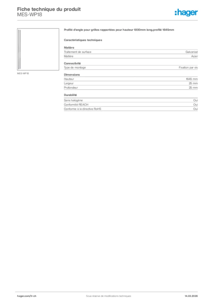 Image Hager Fiche technique du produit MES-WP18 | Hager Suisse