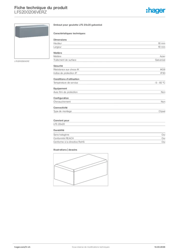 Image Hager Fiche technique du produit LFS200206VERZ | Hager Suisse