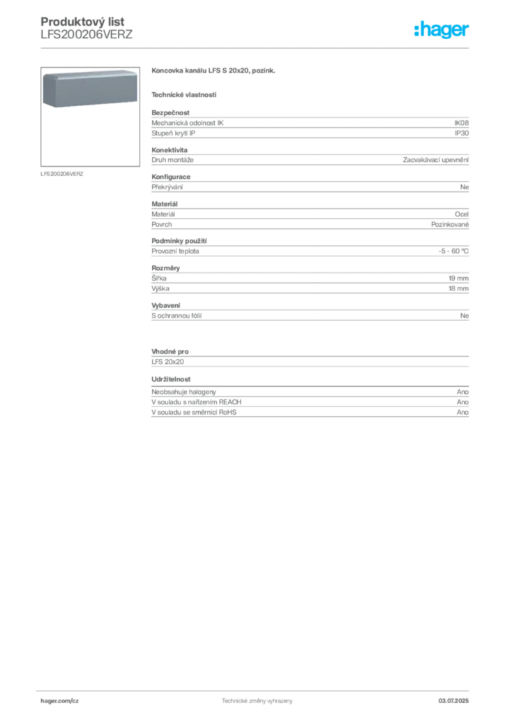 Obrázek Hager Produktový list LFS200206VERZ | Hager