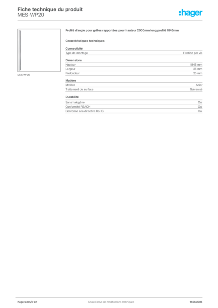 Image Hager Fiche technique du produit MES-WP20 | Hager Suisse