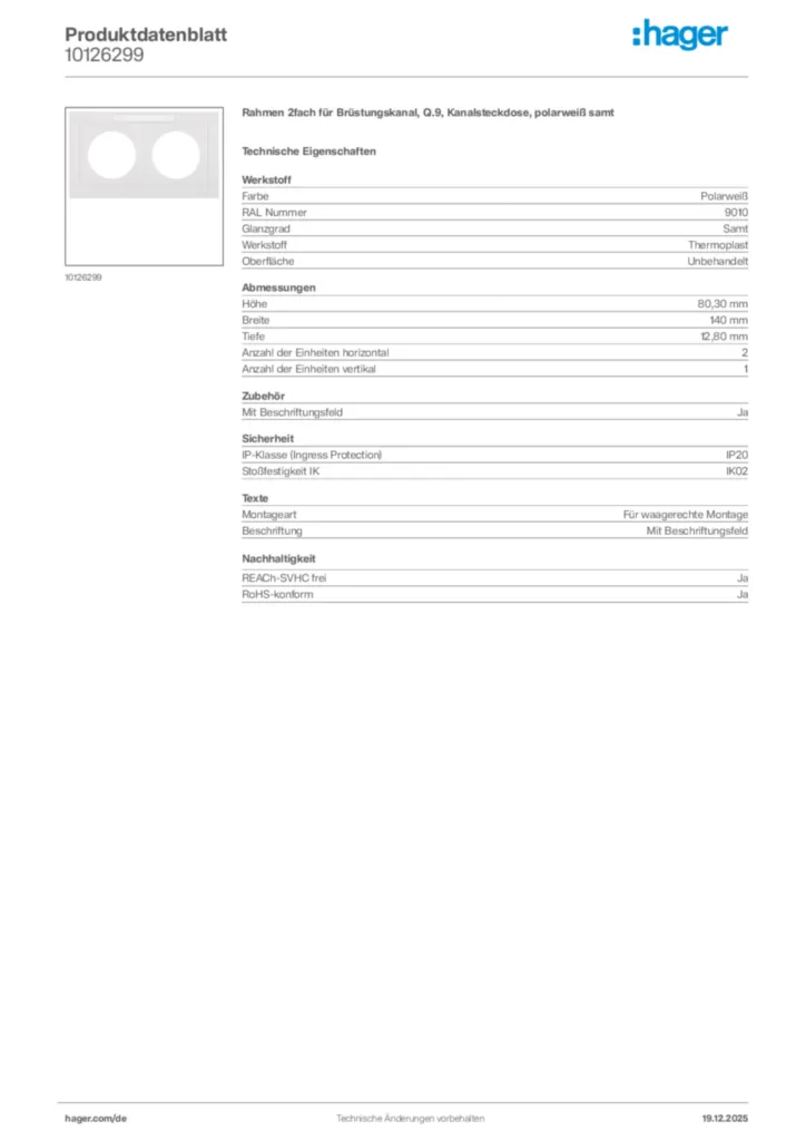 Bild Hager Produktdatenblatt 10126299 | Hager Deutschland