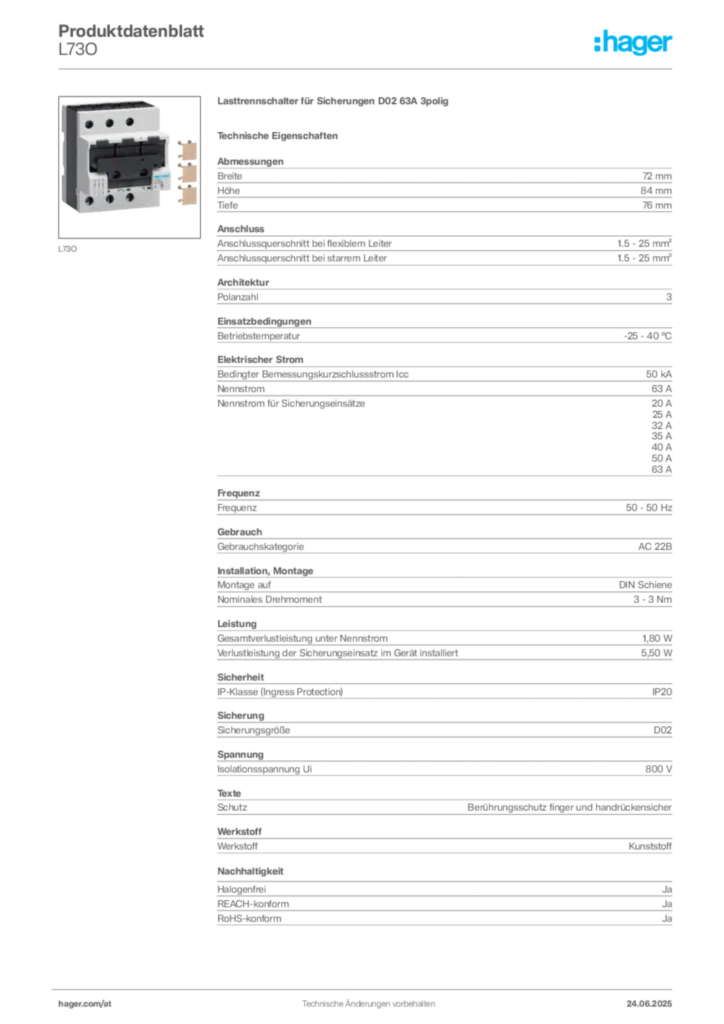 Bild Hager Produktdatenblatt L73O | Hager Deutschland