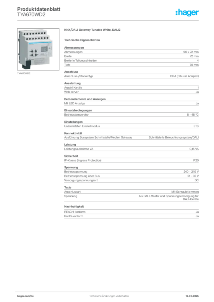 Bild Hager Produktdatenblatt TYA670WD2 | Hager Deutschland