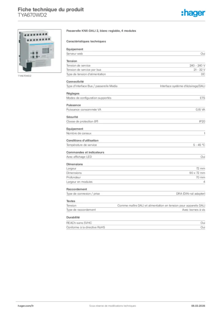 Image Hager Fiche technique du produit TYA670WD2 | Hager France